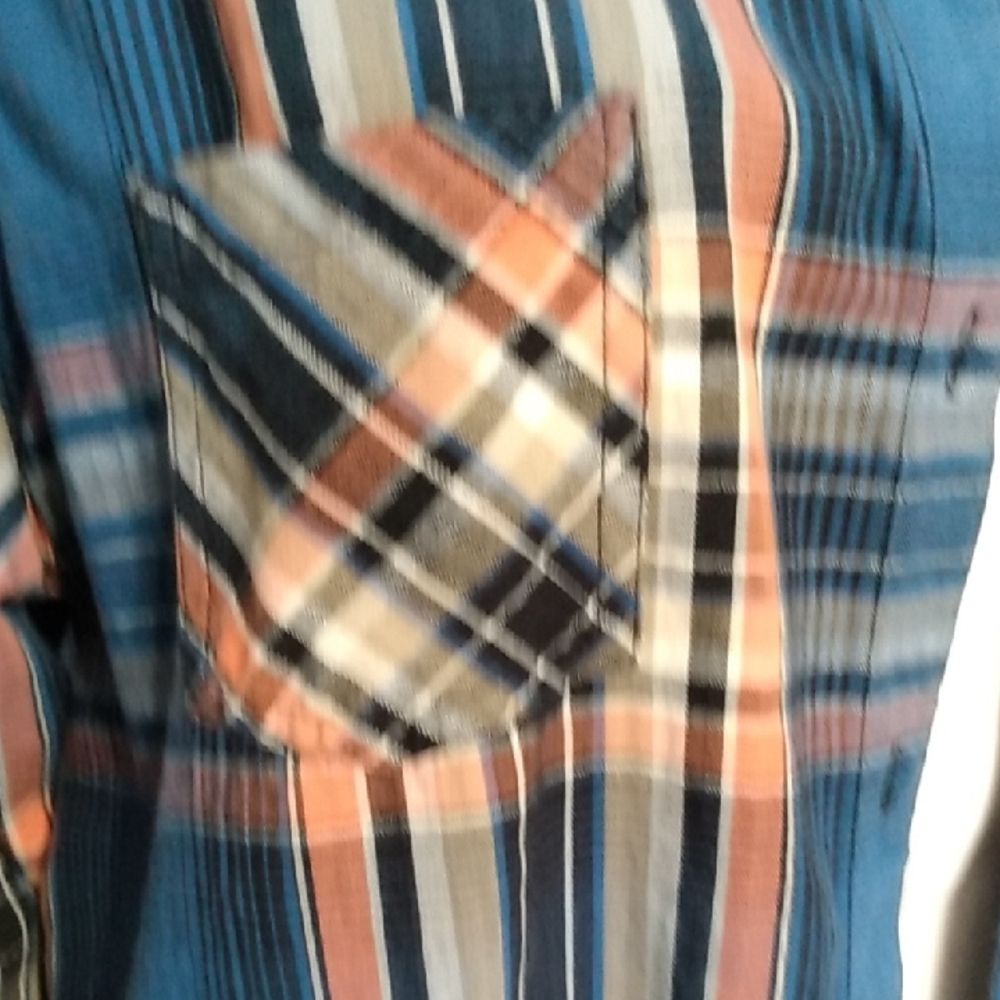 Allison Daley WMNS Blue & Peach Plaid Button-Up Flannel Shirt - Roll Tab Sleeves - Picture 5 of 12